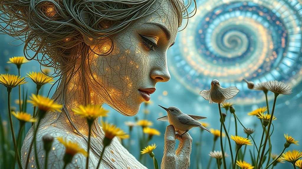 String Woman Kissing Bird in Garden: Bio-Art Portrait