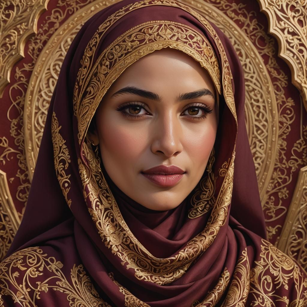 Elegant Qatari Woman in Gold Embroidered Hijab