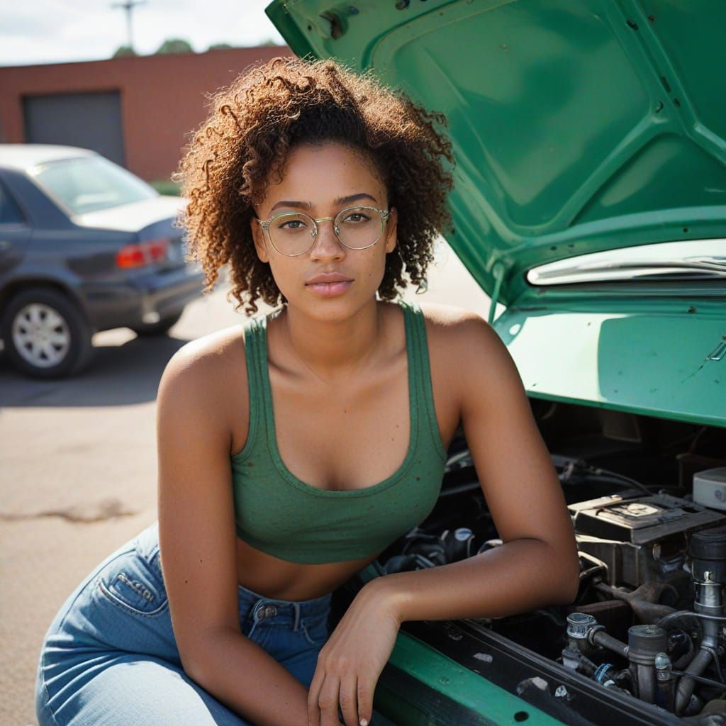 Cyberpunk Chic Female Mechanic in Garage