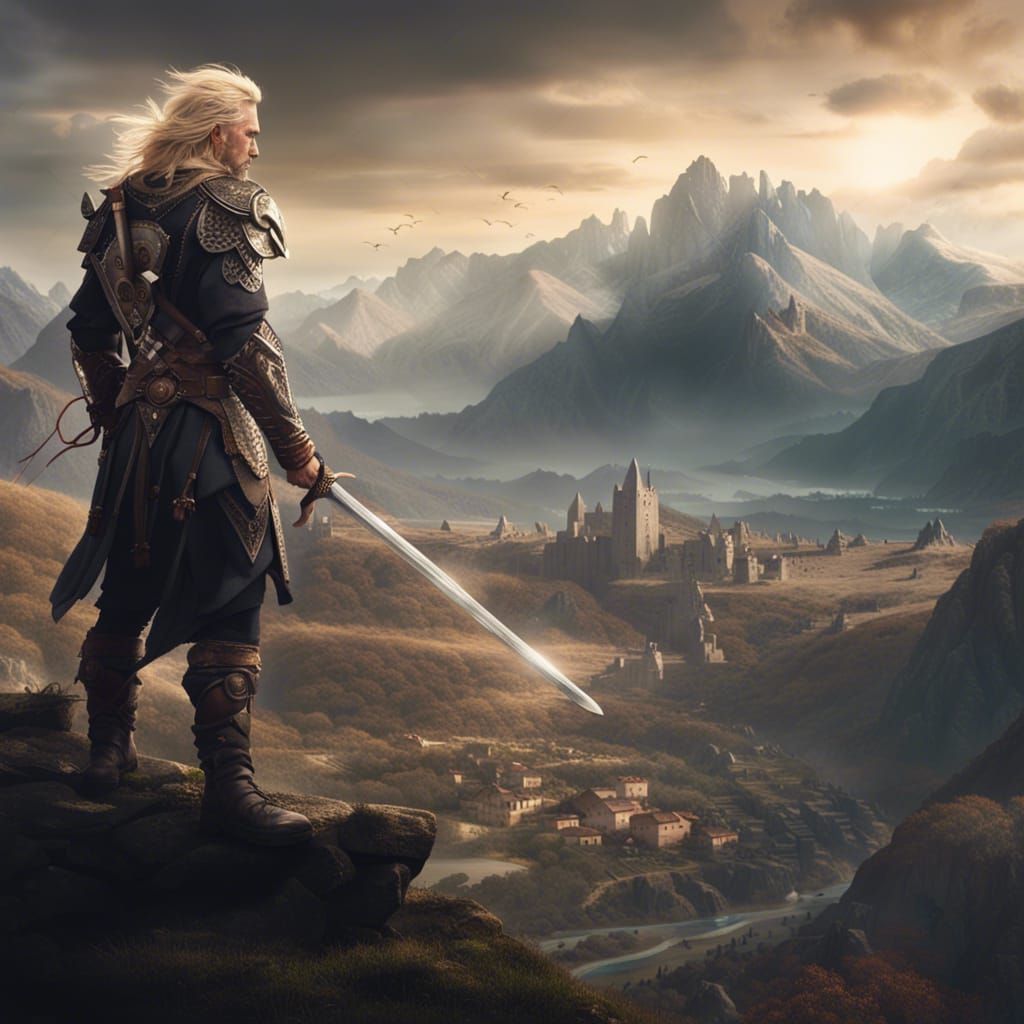 Epic Blonde Warrior in Mountain Landscape