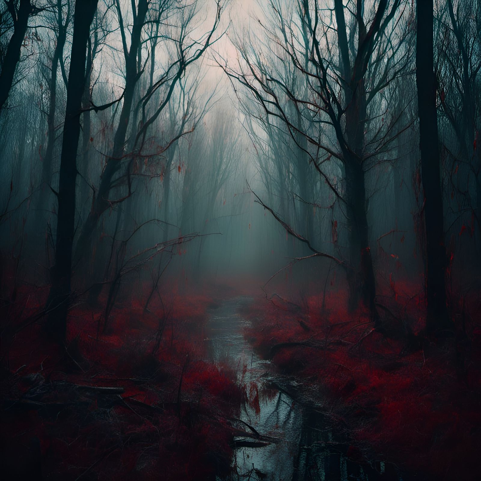 Eerie Forest with Red Eyes in Macabre Style