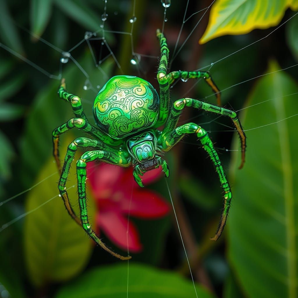 Ethereal Green Spider Perched on Dewy Web