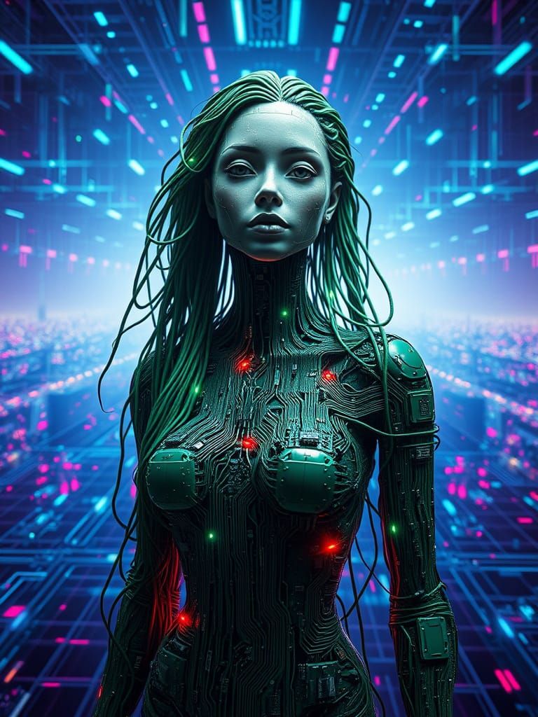Cybernetic Goddess Emerges from Circuitry Dreamscape