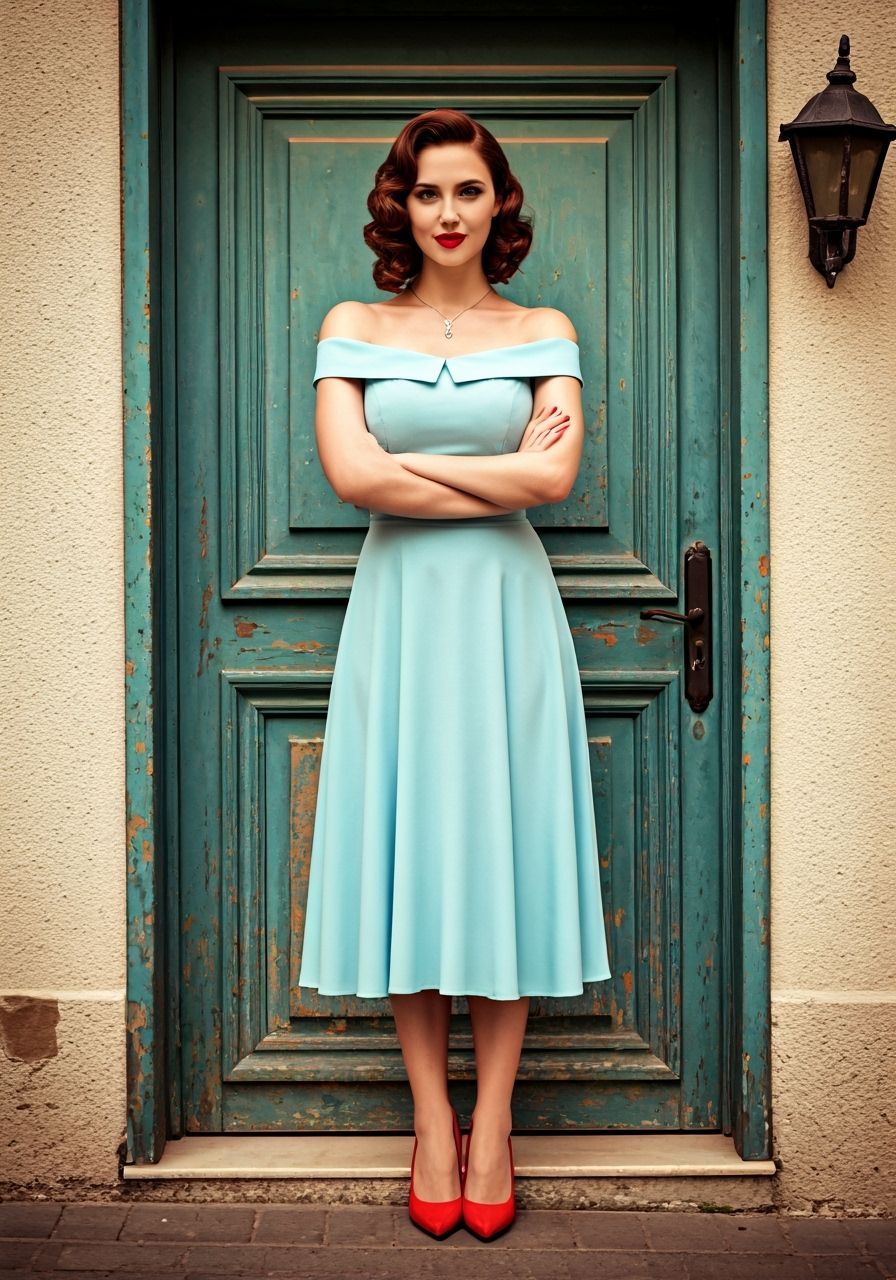Woman in Blue Dress Before Teal Door