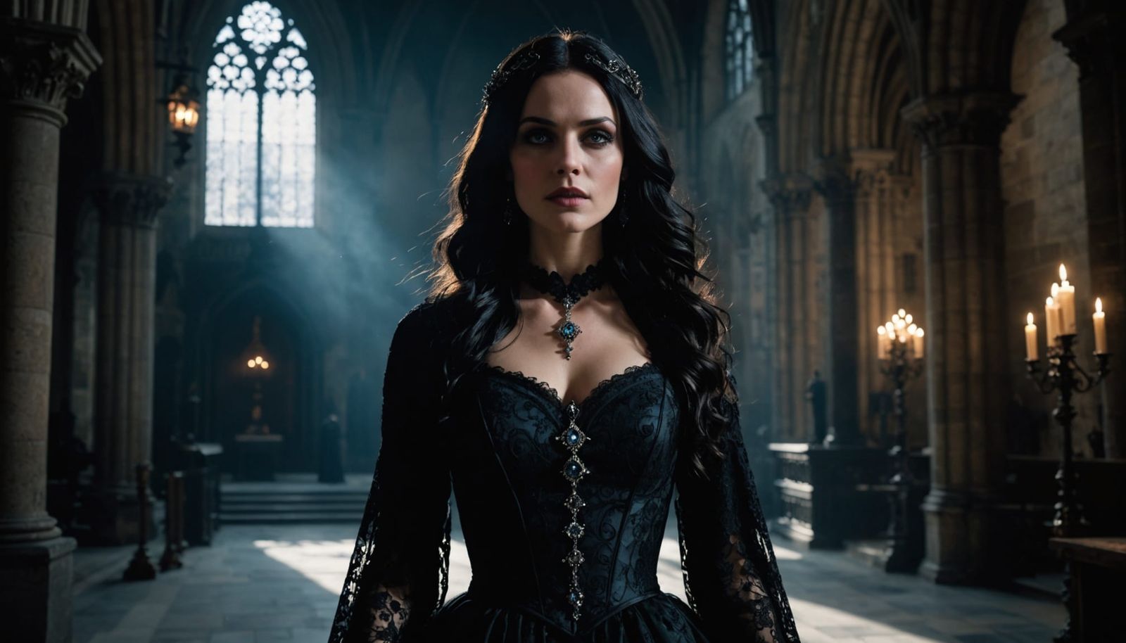 Mysterious Woman in Gothic Cathedral: Dramatic Portrait