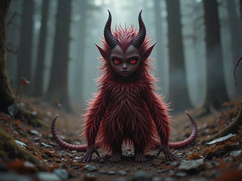 Ethereal Red-Eyed Furry Devil in Dark Forest