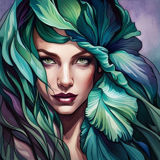 Iris Flower Princess: Watercolour Art Nouveau Portrait