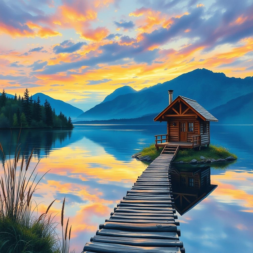 Lakeside Cabin at Sunset in Impressionistic Style