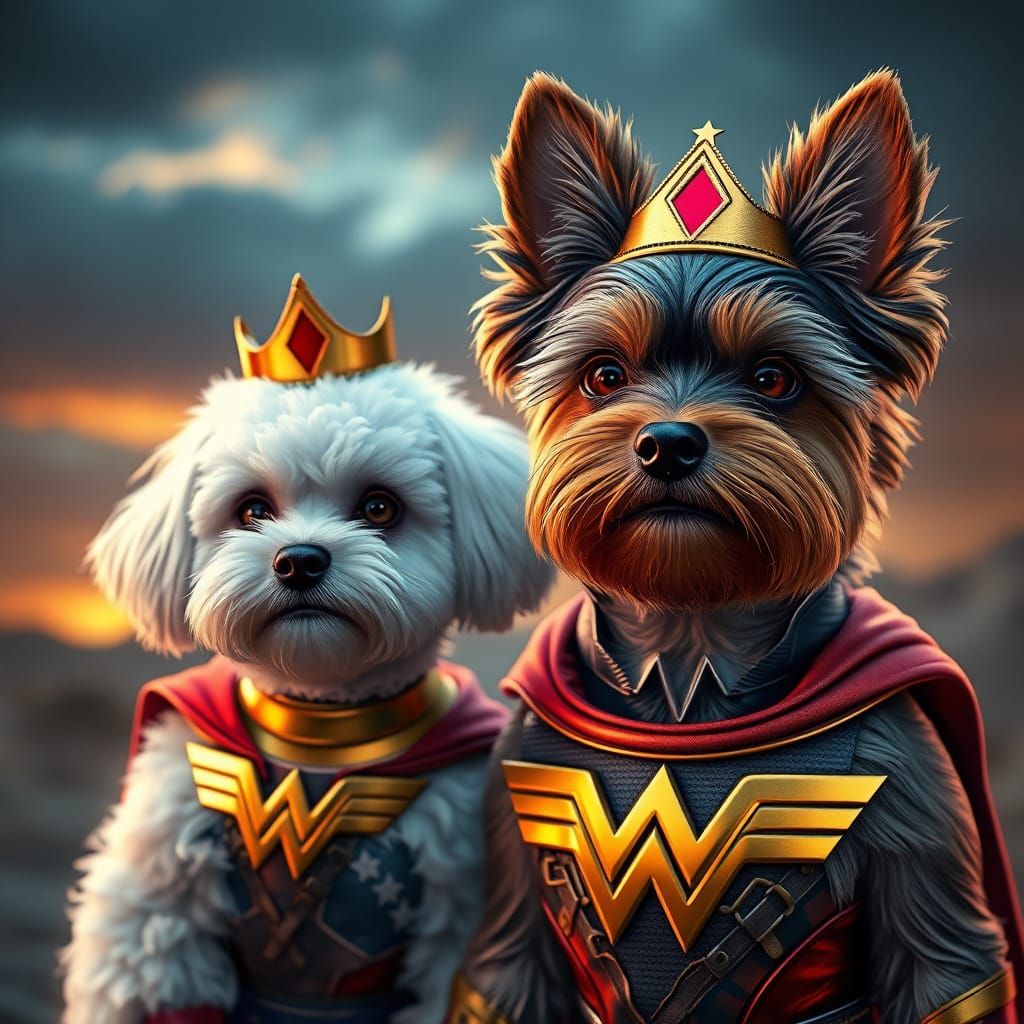 Wonder Woman Canine Duo in Vibrant Stormy Evening
