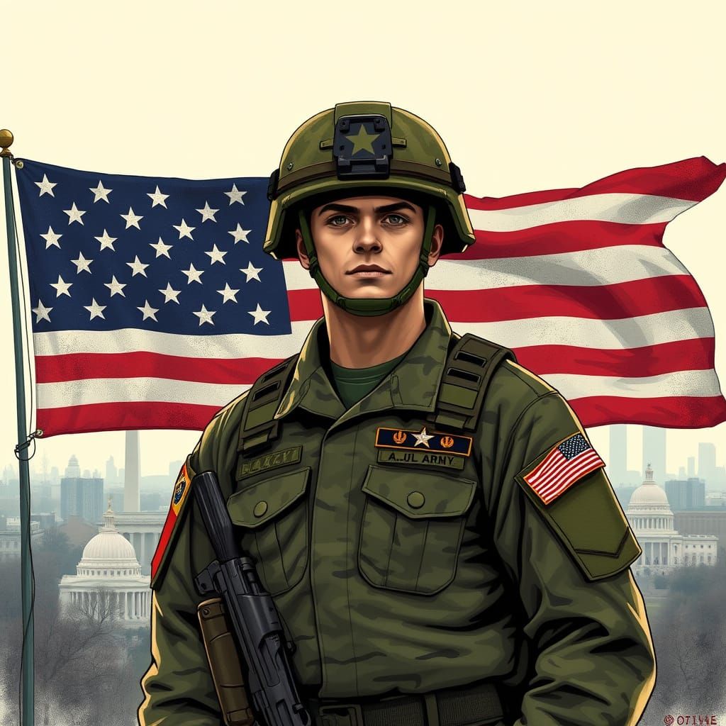 Patriotic Warrior in Modern American Landscape
