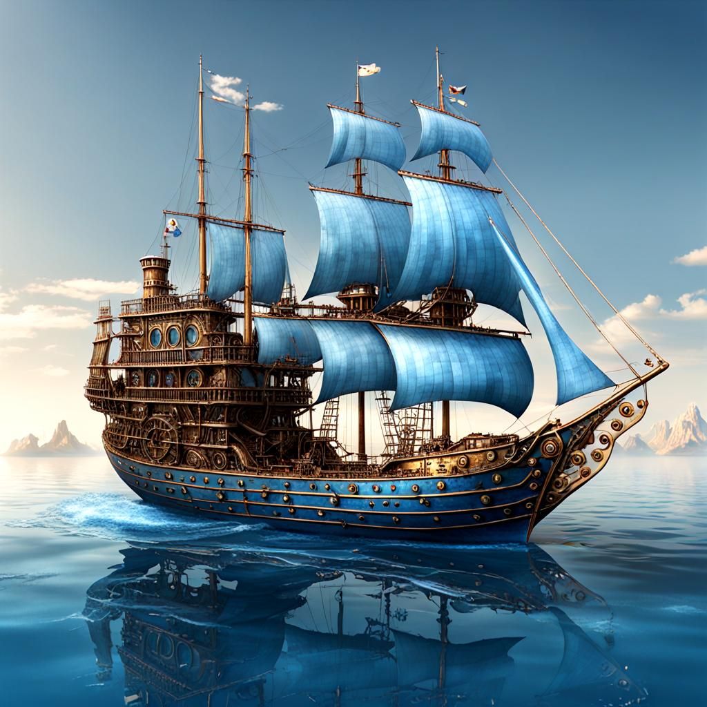 Mechanical Sailing Ship with Three Masts Sails the Blue Ocea...