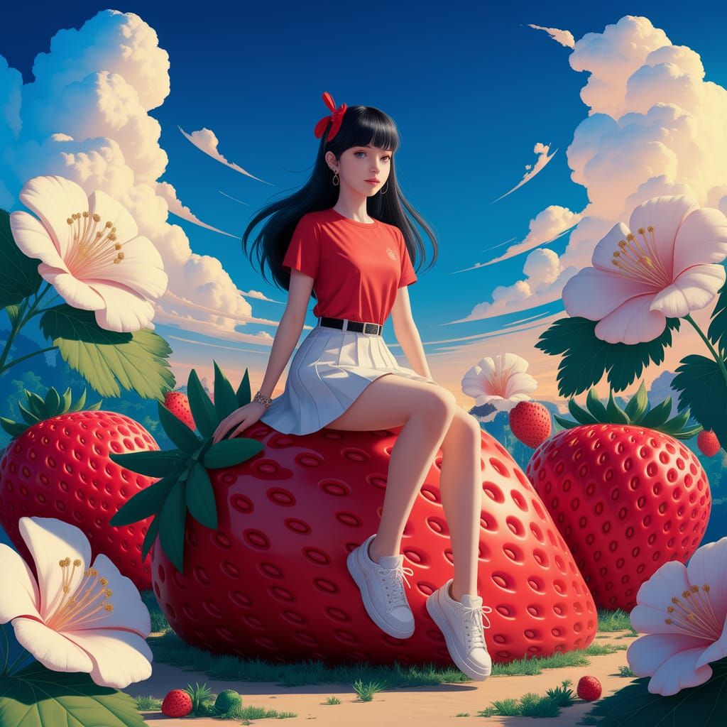 Girl on Giant Strawberry, in Photographic Style