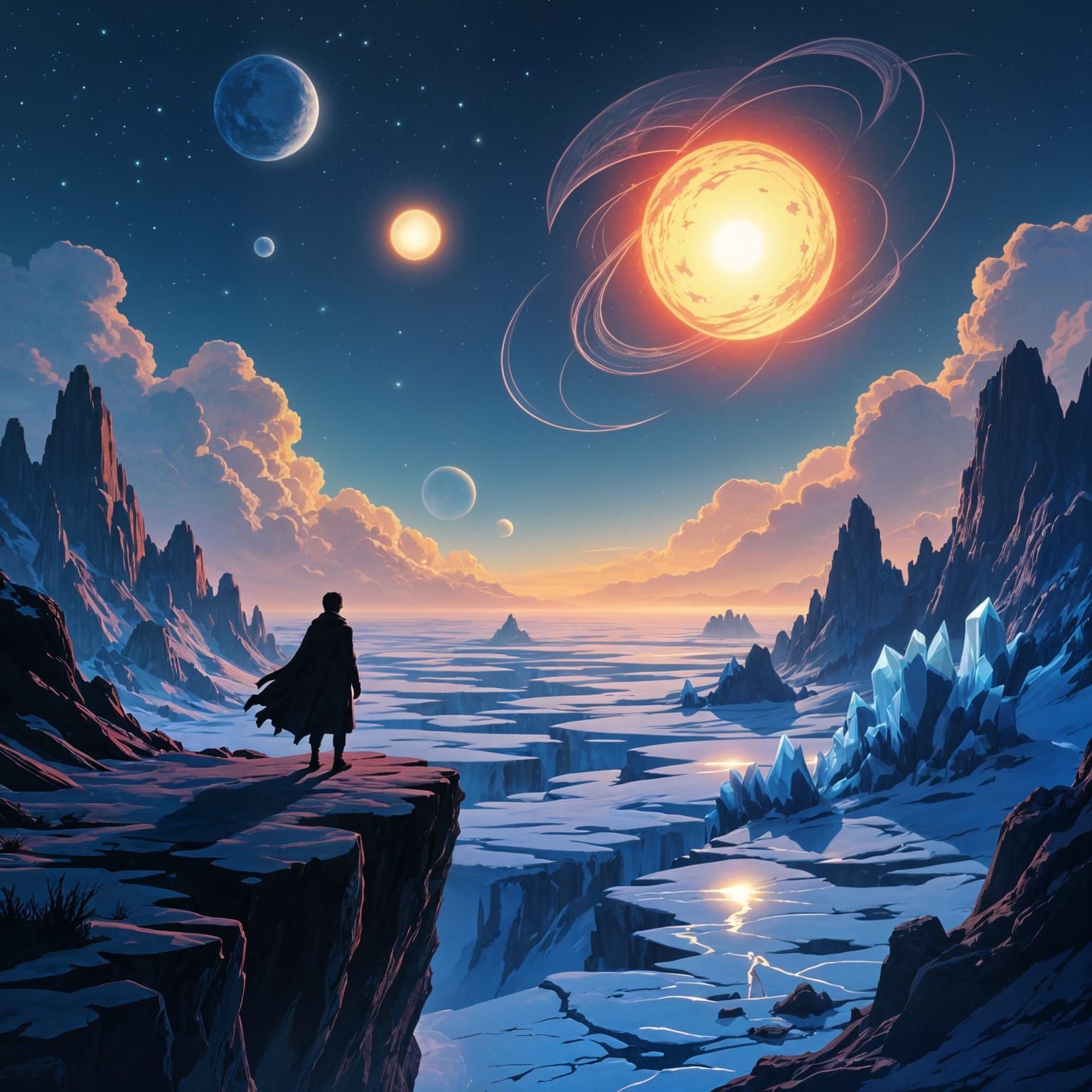 Alien Vista: Figure Gazing at Twin Suns