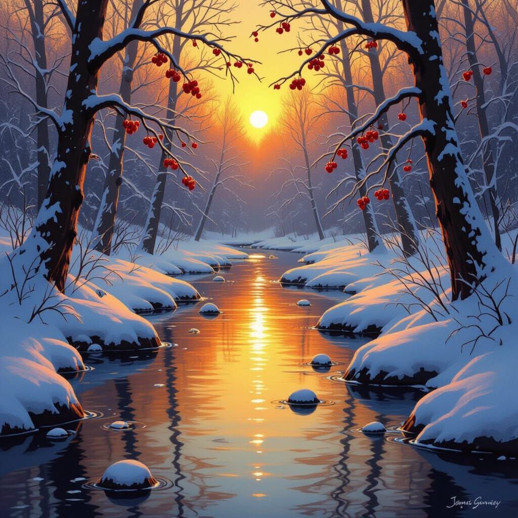 Winter Forest Stream Reflects Golden Sunset in Oil Painting ...
