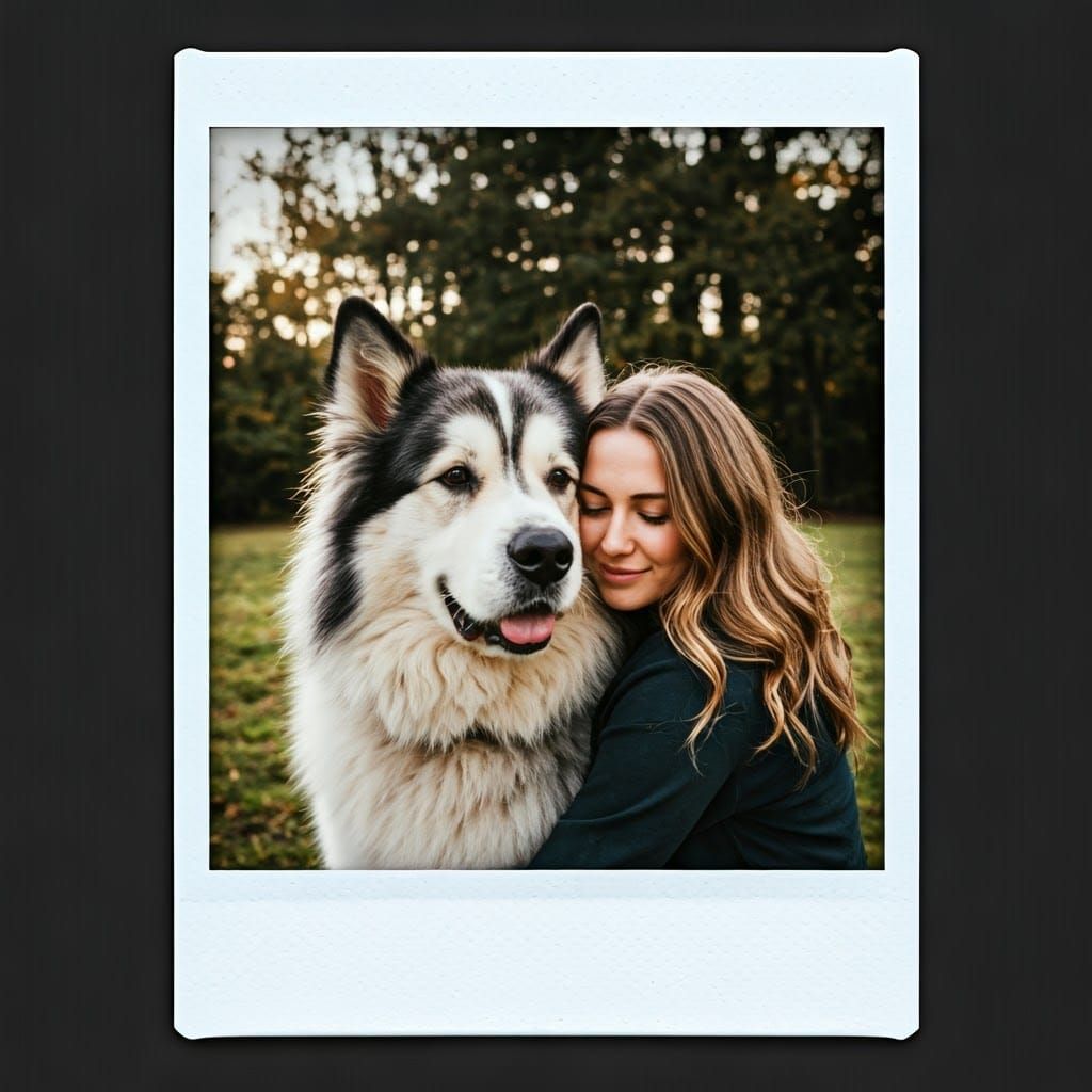 Woman Snuggling with Her Dog in Polaroid Photo