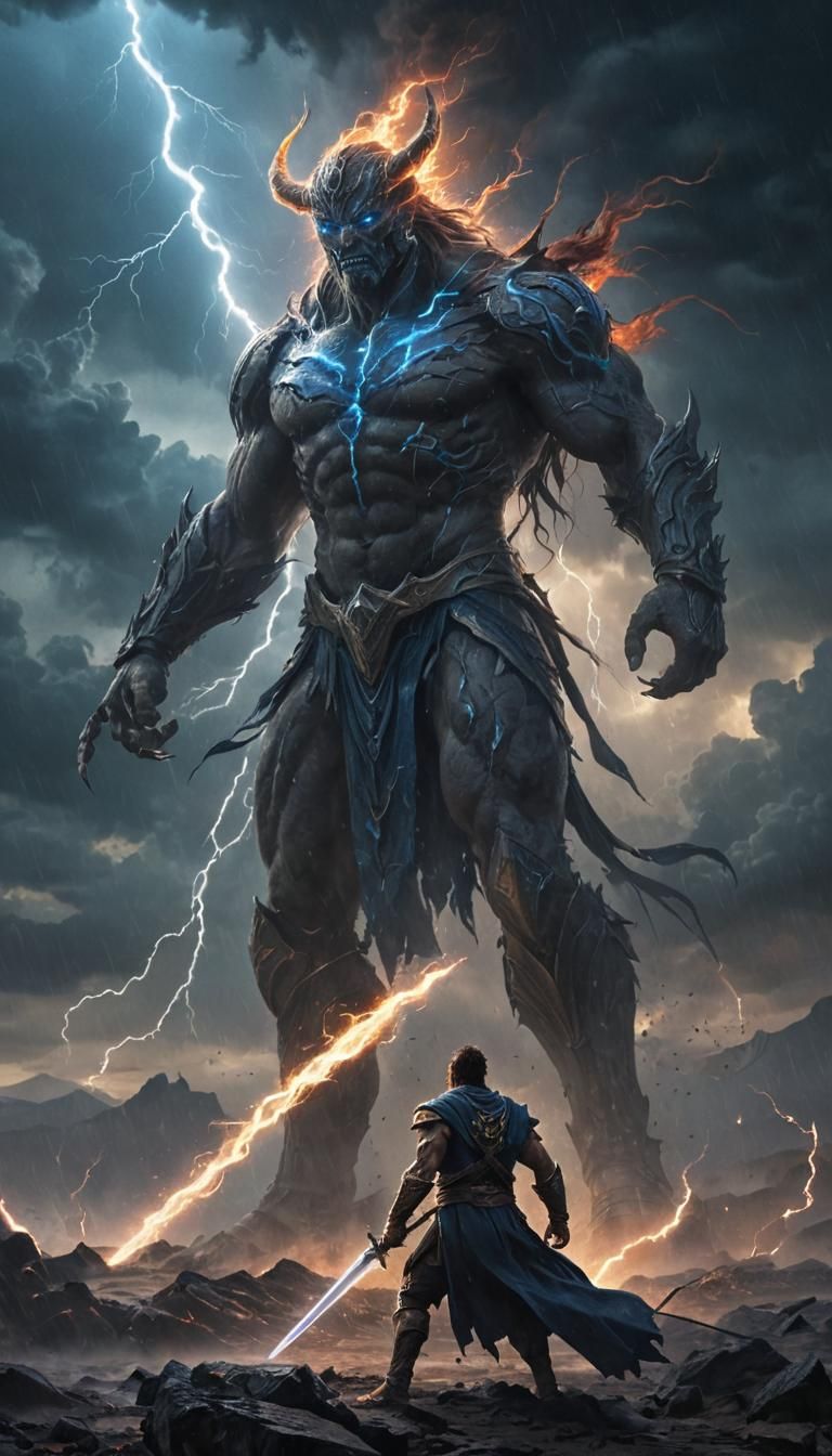 Warrior Confronts God in Epic Fantasy Landscape