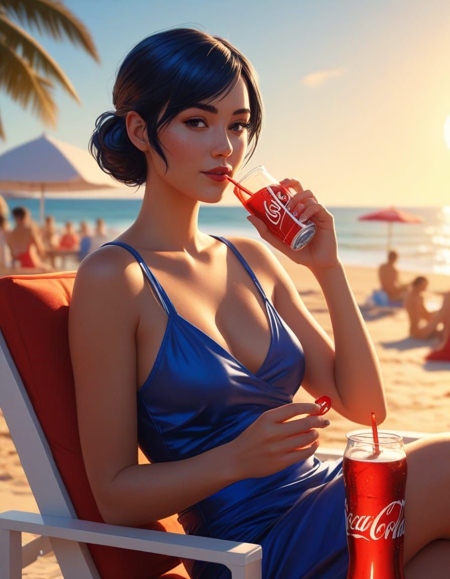 Marinette on a Vibrant Beach in Comic Book Style