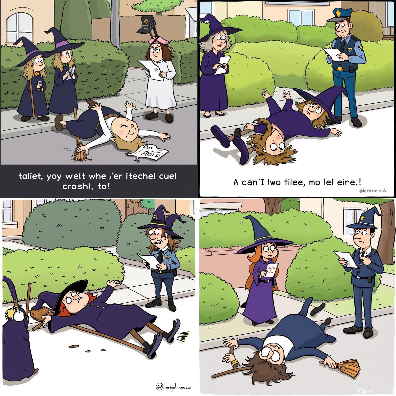 Cartoon Witch Crash Landing in Suburbia