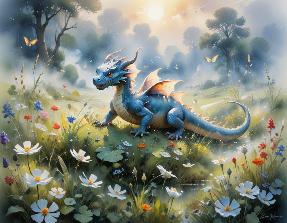 Dragon Hatchlings in Spring Meadow, Watercolour Art