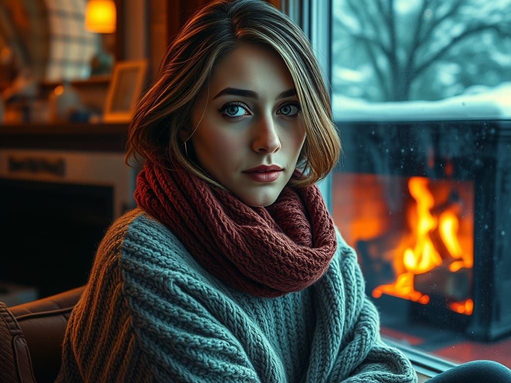 Melancholy Woman by Window in Hyperrealistic Splash Art