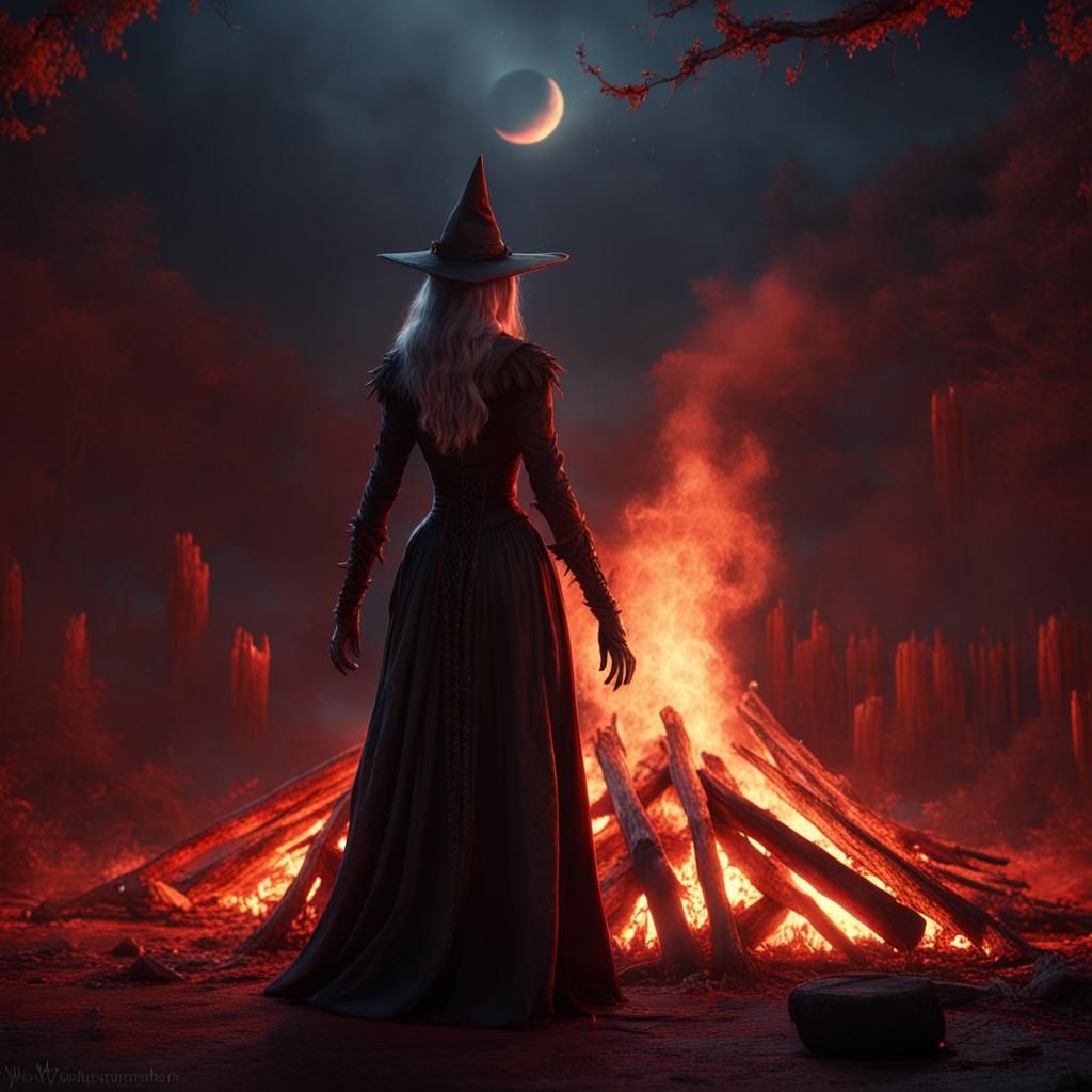 Witch by Bonfire Casting Spells, Fantasy Art