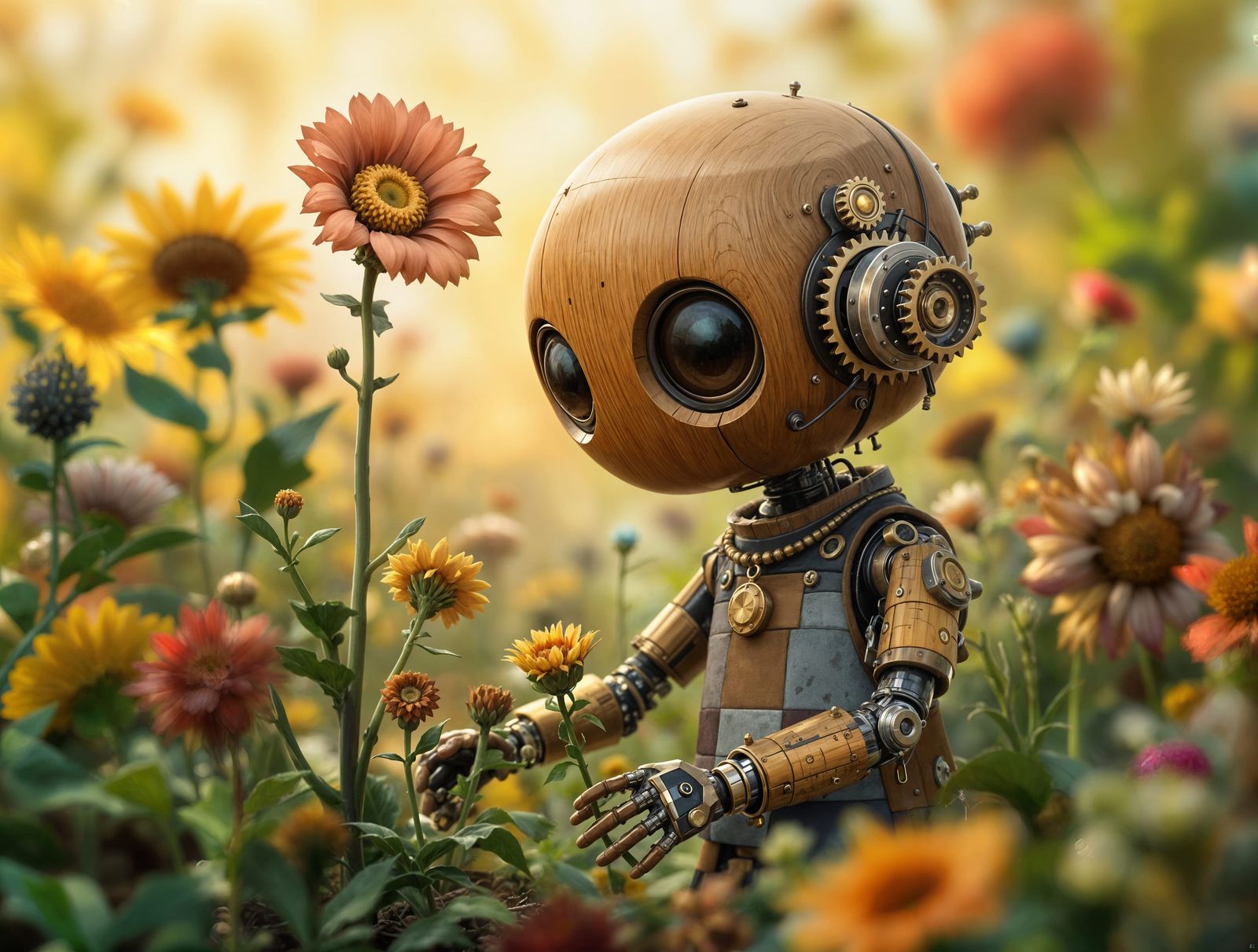 Steampunk Botanist Tending to Mechanical Flowers