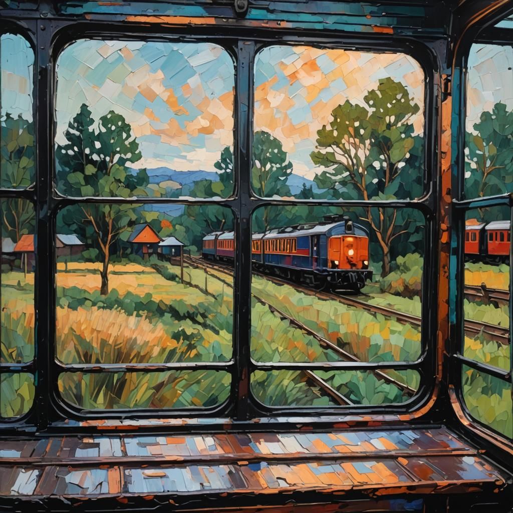 Retro Train Window in Expressionist Impasto Style