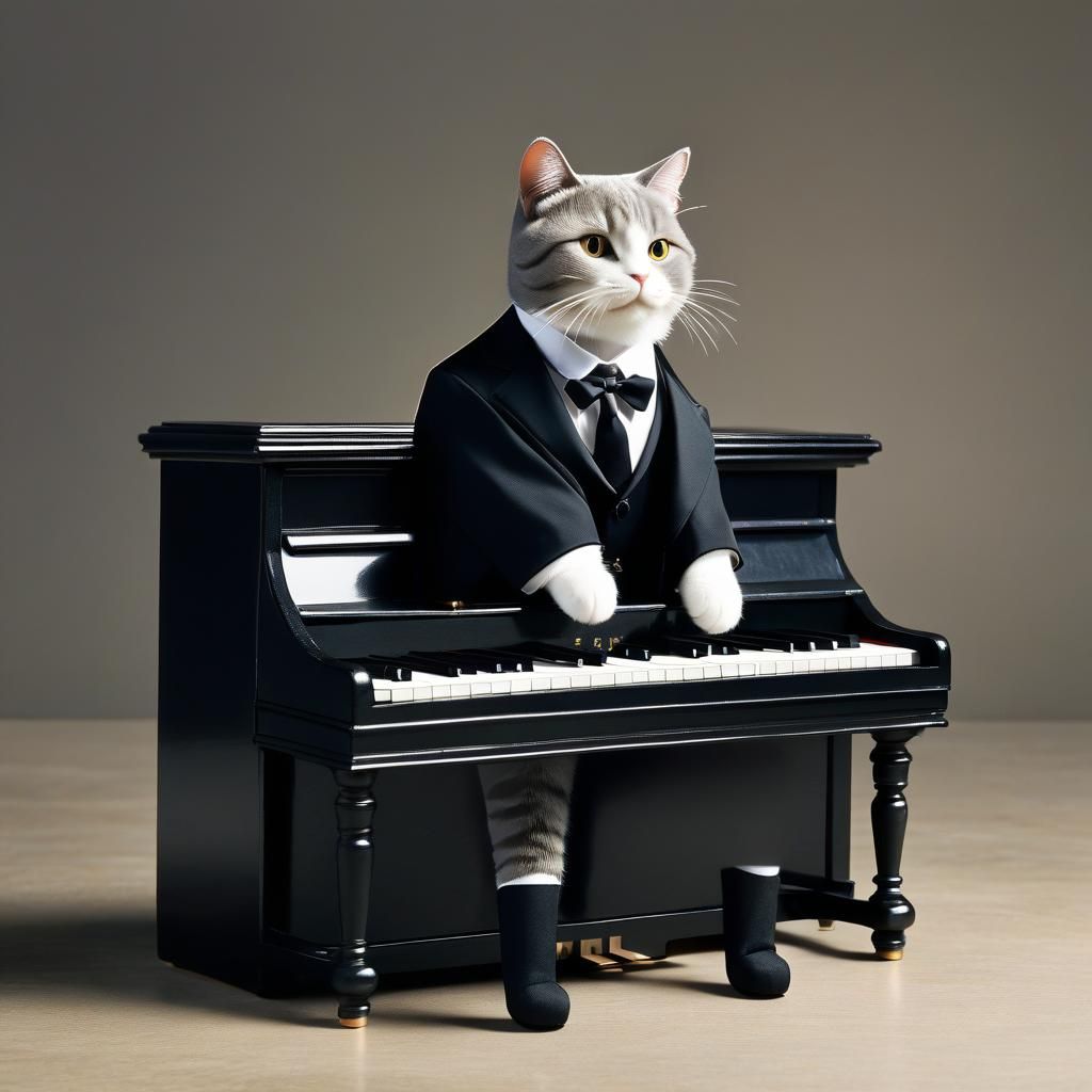 Anthropomorphic Cat Playing Piano on Bench