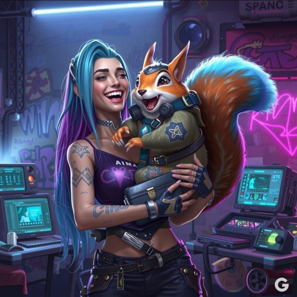 Jinx and Cyberpunk Squirrel Laughter in Neon Hideout