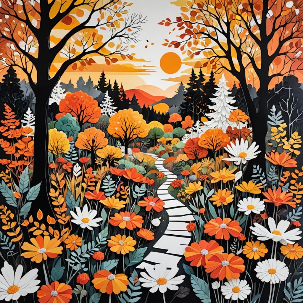 Fabulous Autumn Garden in Paper Collage Style