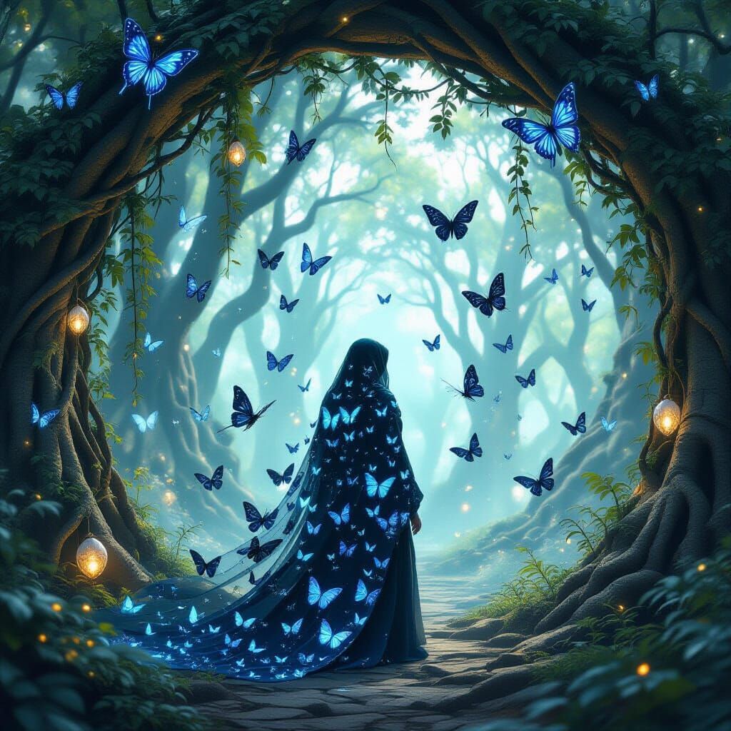 Butterfly Woman in Bioluminescent Temple, Dreamlike Art