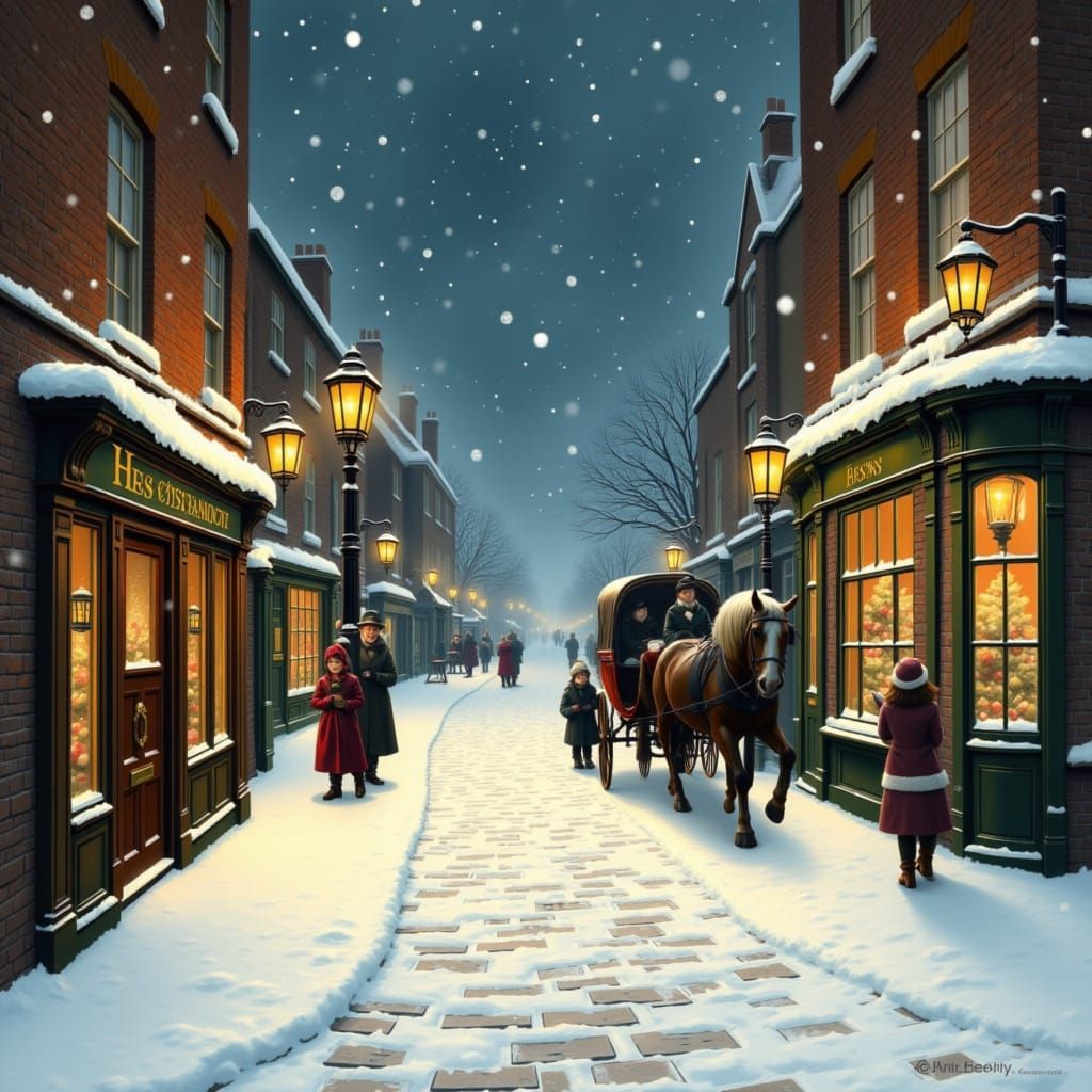 Dickensian Snowy Evening Street Scene with Cottages