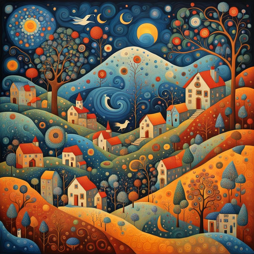 Folk Art with Isometric Abstract: Klimt & Chagall