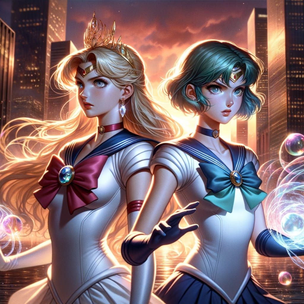 Sailor Moon and Mercury Battle Papillon in Anime Cityscape