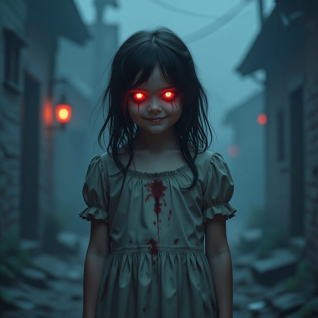 Creepy Girl with Glowing Eyes in Dark Fantasy Style