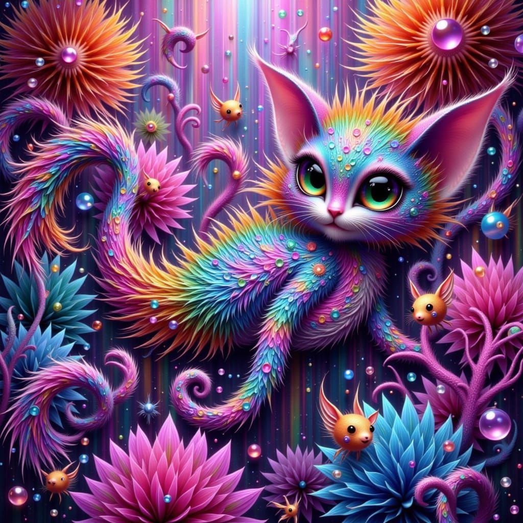 Iridescent Fae Creatures in a Radiant Glass Coral Reef