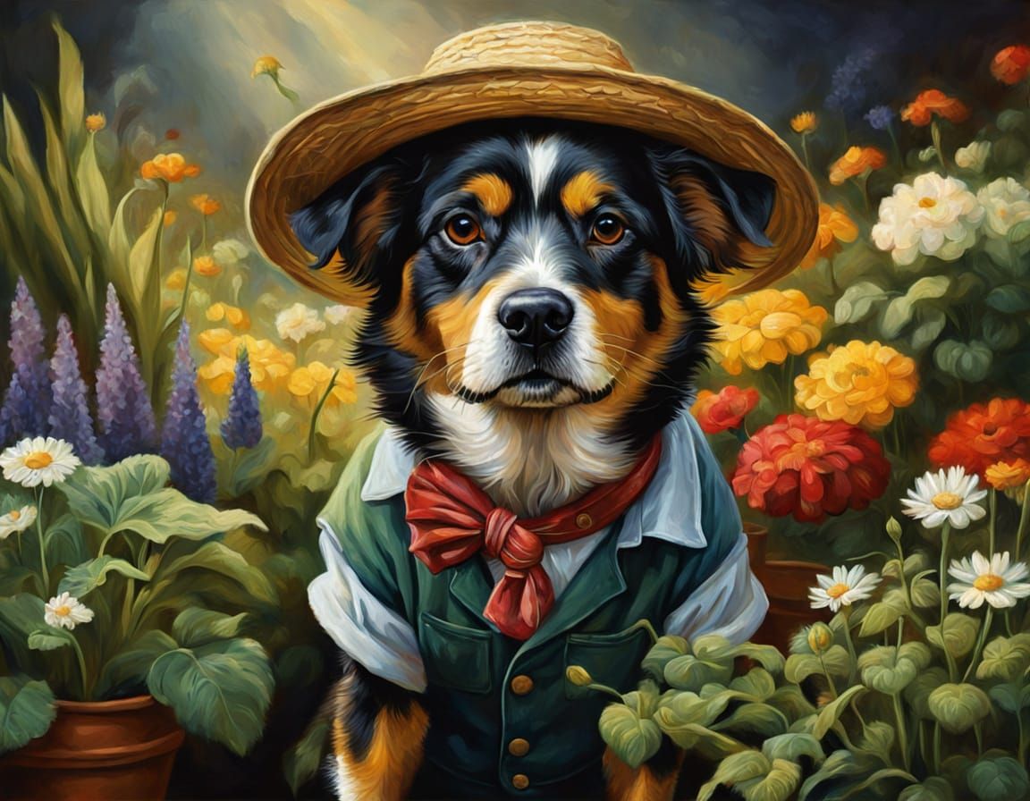 Tricolor Dog as Gardener in Detailed Oil Painting