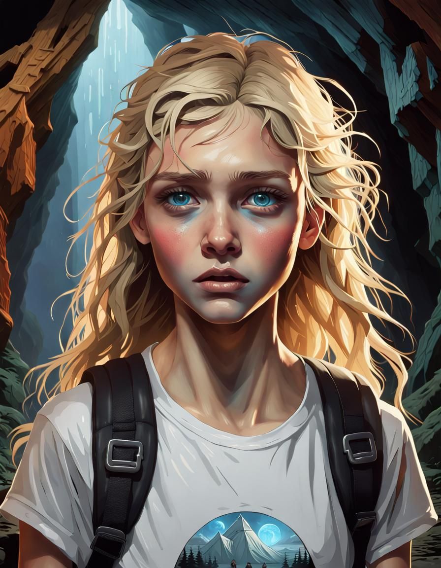 Terrified Girl in Cavern: Hyperdetailed Digital Art