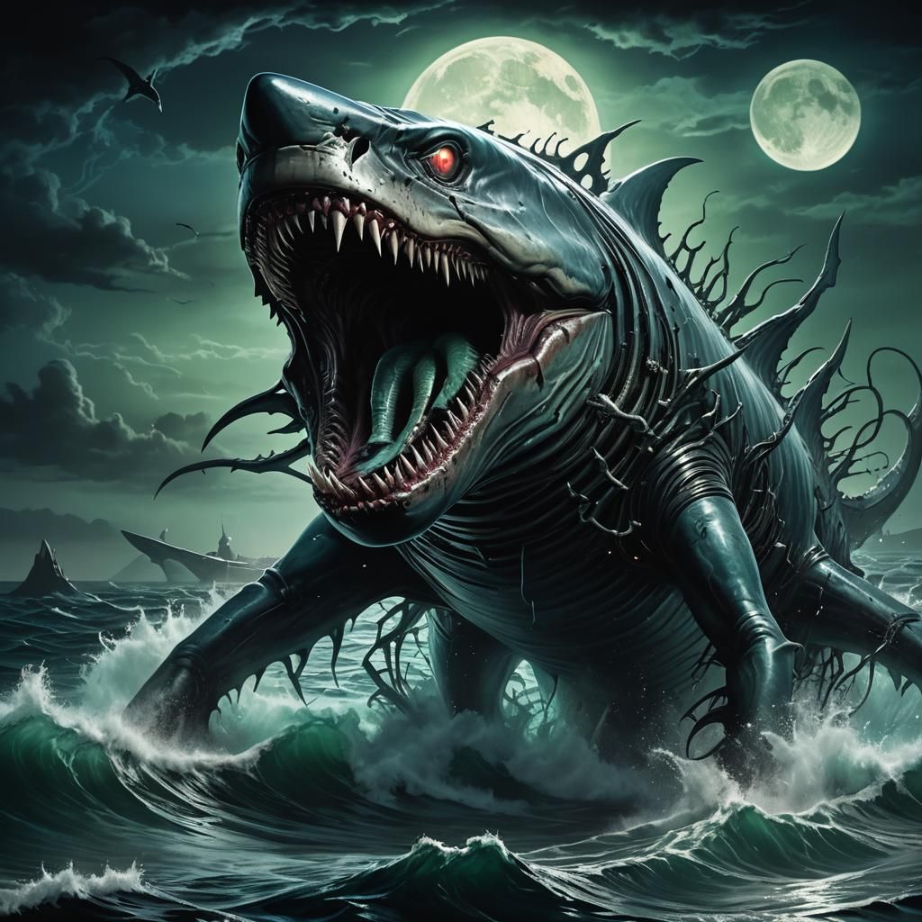 Giant Shark Emerges in Bioluminescent Horror