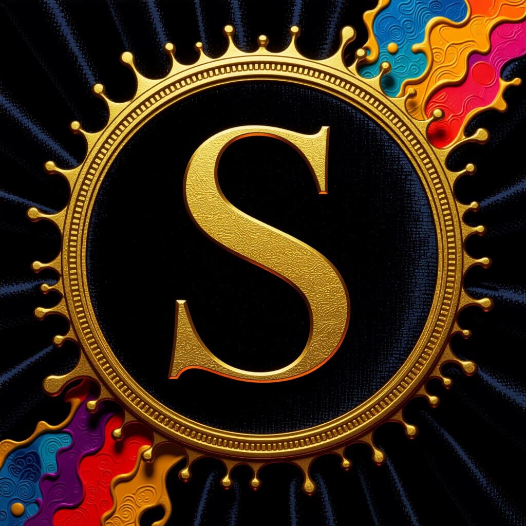 Golden Letter S on Velvet in Splash Art Style