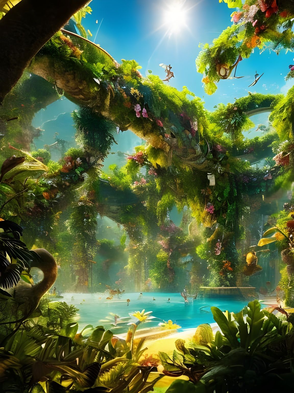 Gorgeous Jungle Pool Landscape in Springtime Sunlight