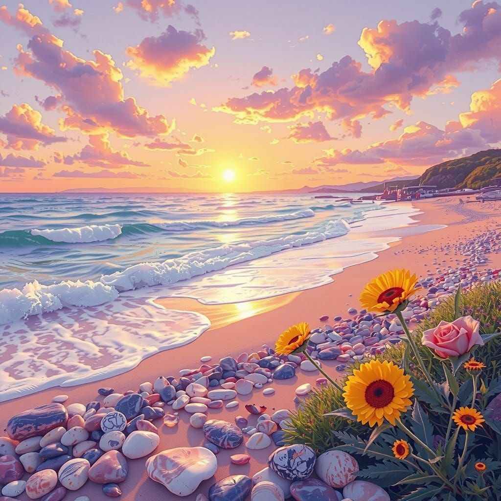 Serene Beach Sunset with Colorful Pebbles and Flowers