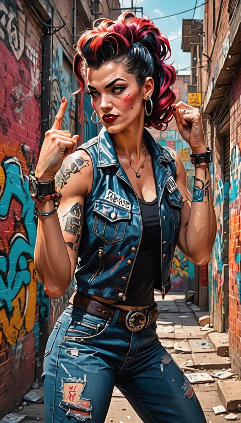 Rockabilly Woman Flexing in Graffiti Alley: Action Painting