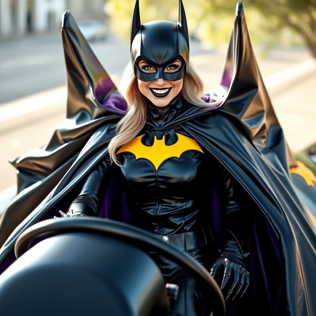 Batgirl in Shimmering Black Leather Cape