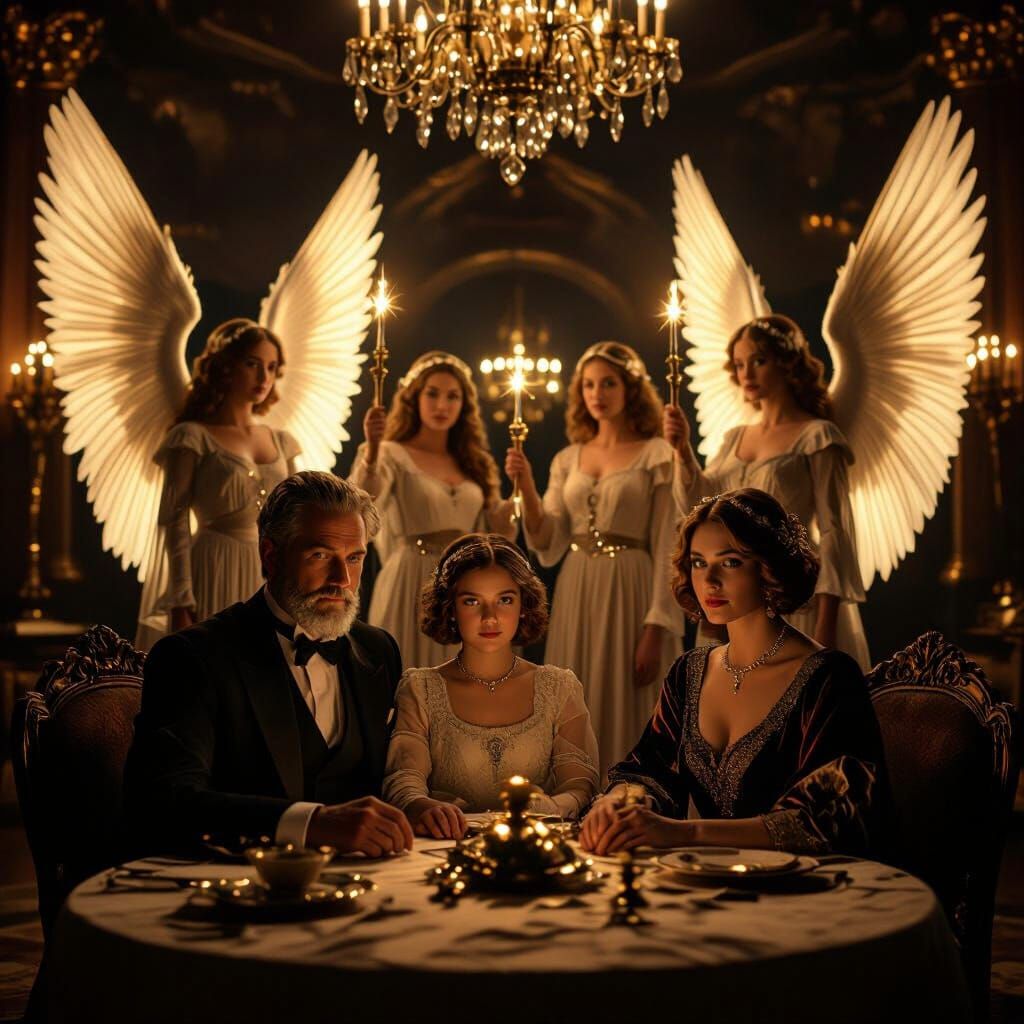 1920s Family Portrait with Angels in Grand Ballroom