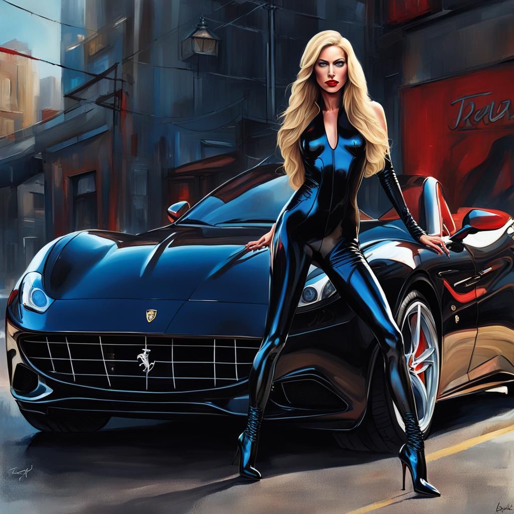 Hyperrealistic Woman in Latex Near Red Convertible