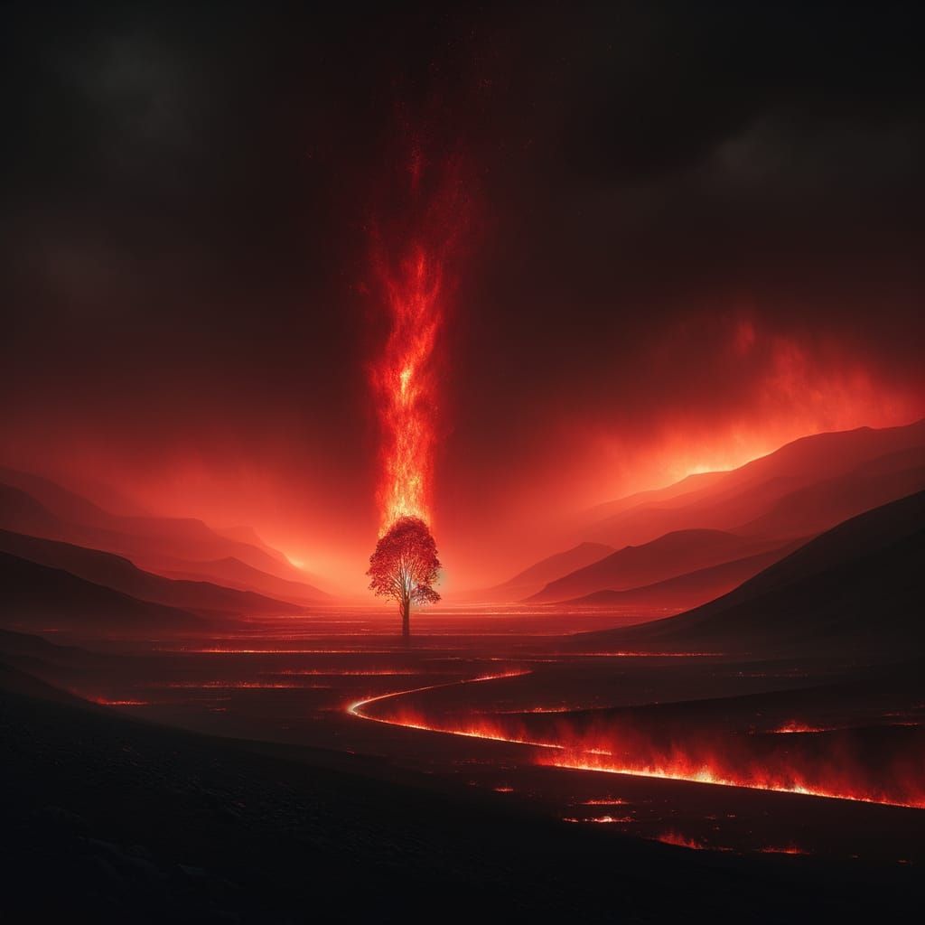 Dramatic Landscape with Burning Tree in Red and Black