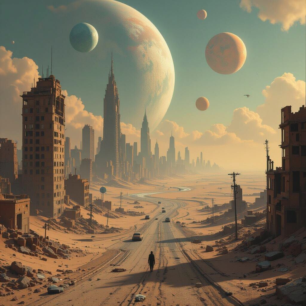 Post-Apocalyptic Cityscape with Surreal Sky