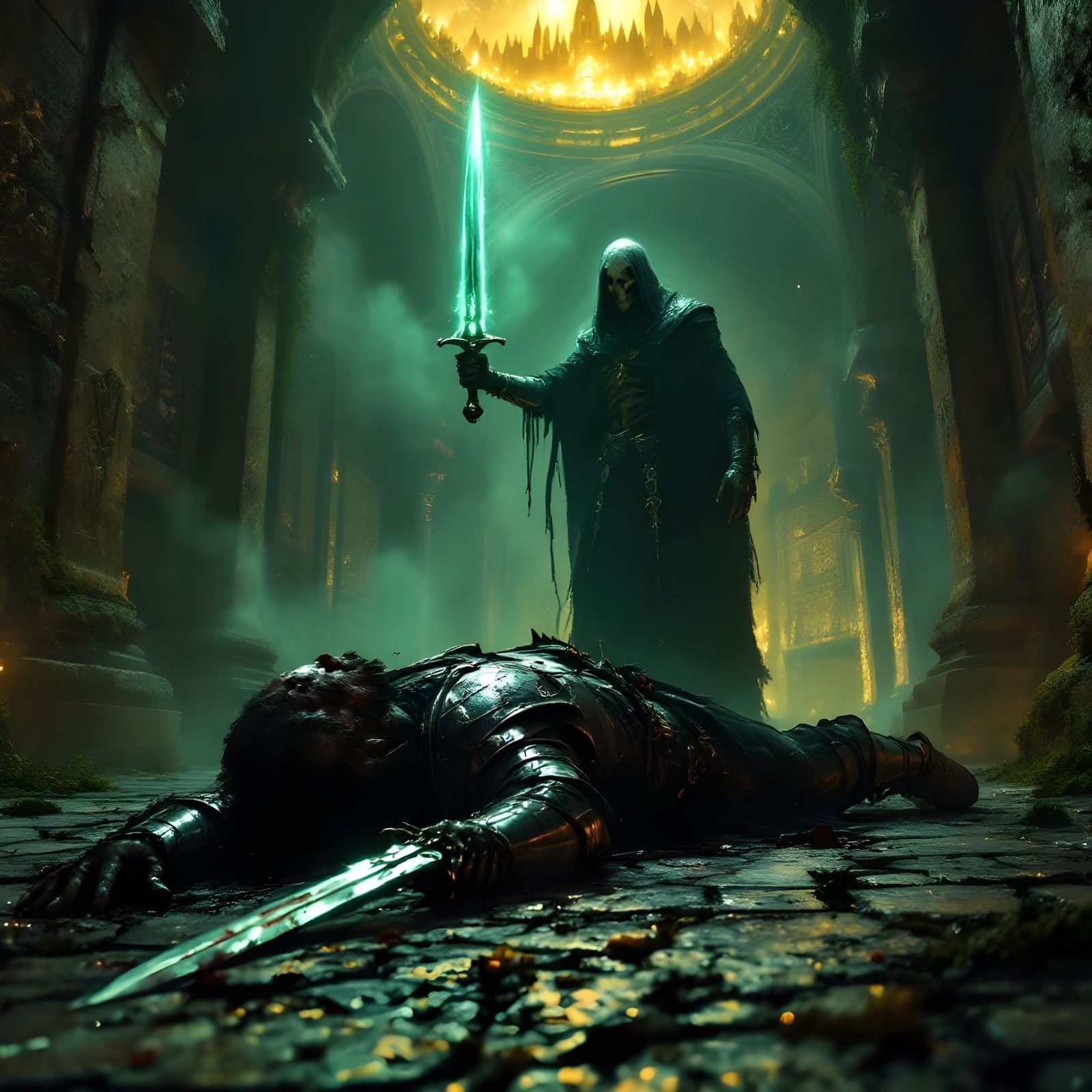 Barbarian Warrior Slain by Lich in Gothic Tomb