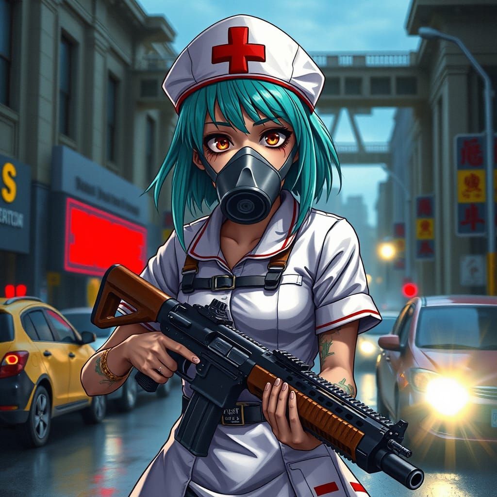 Anime Zombie Nurse with Machine Gun in Urban Setting